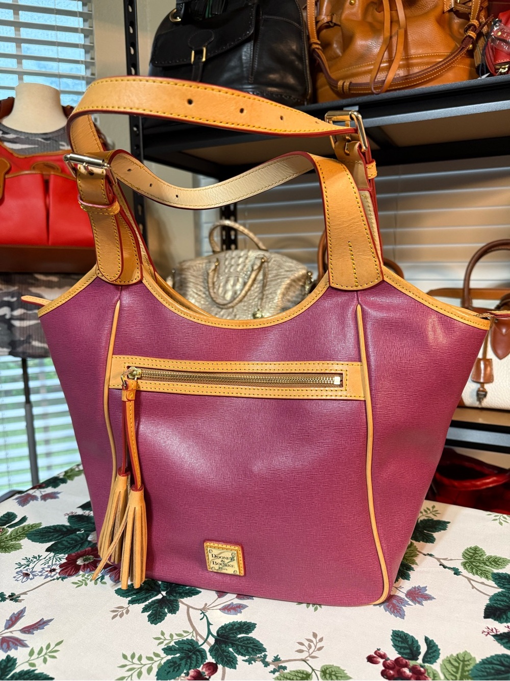 Dooney & Bourke Maddie Saffiano Leather Tote with Tan Vachetta Trim and Tassel